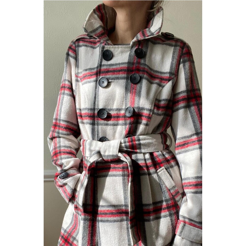Plaid Belted Buttoned Short Coat Red, White, Gray